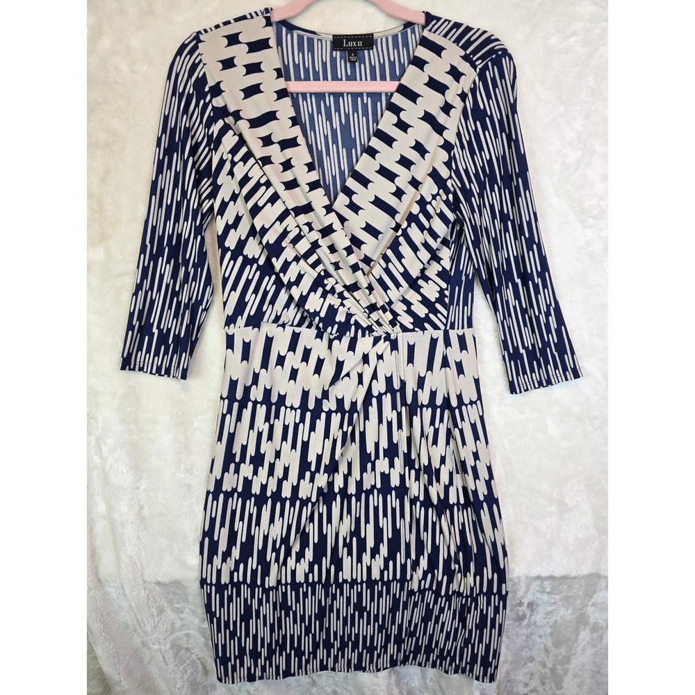 Lux II Womens Navy Blue White Abstract Faux Wrap Dress Size 4 322001X4R